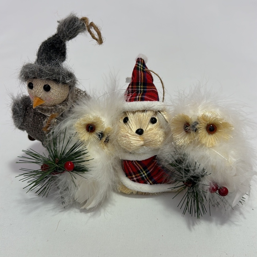 Lot 4 Christmas Holiday Ornaments Feather & Or Twigs Decorations Used